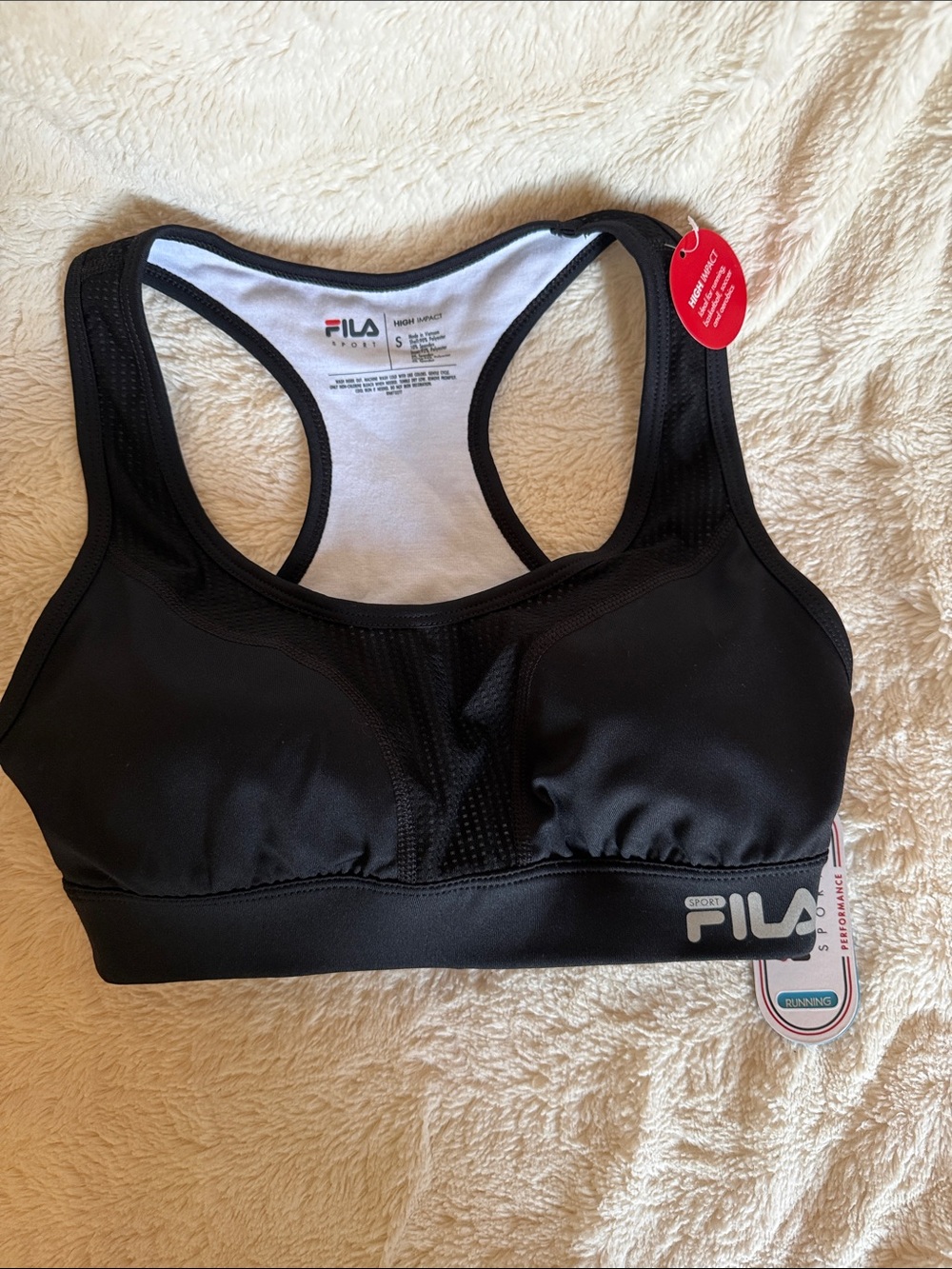 Fila Sport High Impact Running Sports Bra Black Tie Racerback ACF12049 NWT Small